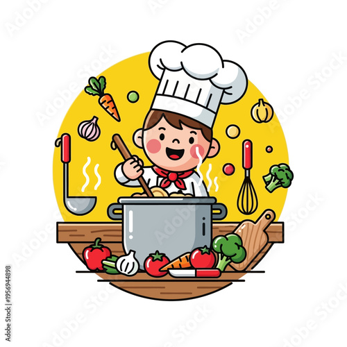 Happy Chef Kid Cooking Delicious Soup in Pot with Fresh Vegetables and Utensils