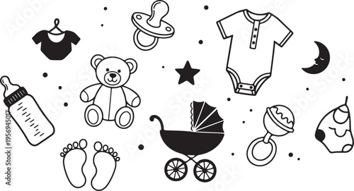 Baby Shower Illustration with Cute Cartoon Objects and Symbols