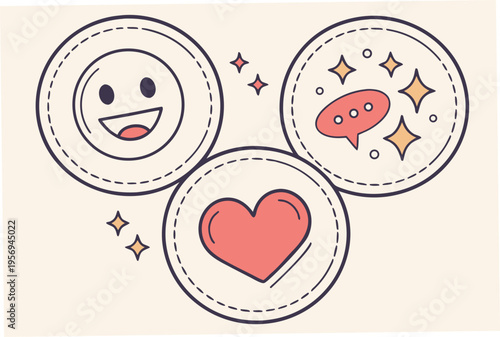 Smiley face heart and speech bubble line beige background