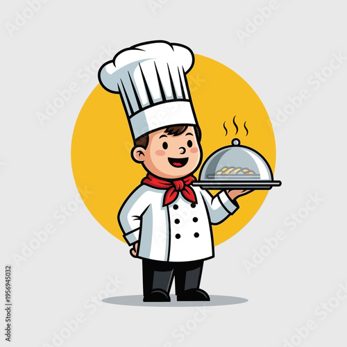 Cute cartoon chef boy holding a covered platter of food, smiling, yellow circle background