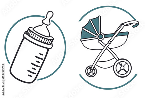 Baby bottle and stroller black and white blue accents