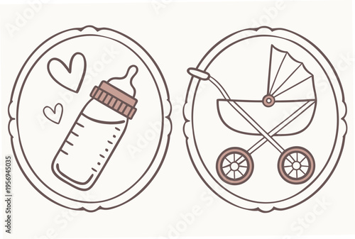Baby bottle and stroller in brown line heart line brown