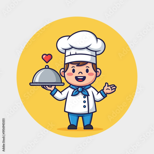 Cute cartoon chef boy holding a silver cloche dish with a heart icon above, isolated on yellow circle background
