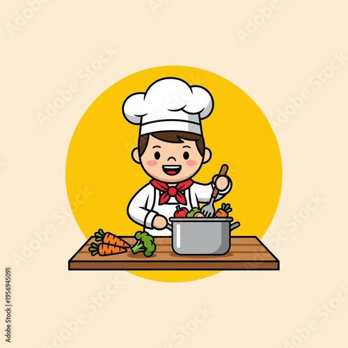 Cute Chef Kid Cooking Vegetables in Pot with Carrots and Broccoli on Cutting Board