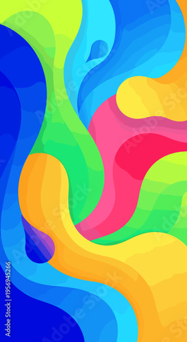 Vibrant abstract fluid art with swirling organic shapes in a rainbow of bright, saturated colors.