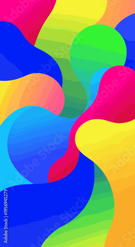 Vibrant abstract background with flowing organic shapes in a rainbow of bright, saturated colors.