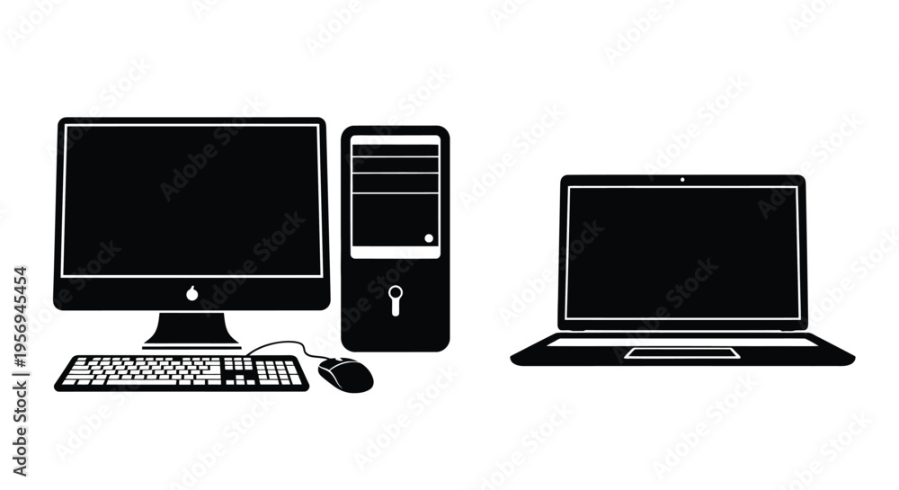 Fototapeta premium Black and white illustration of desktop and laptop computers with peripherals