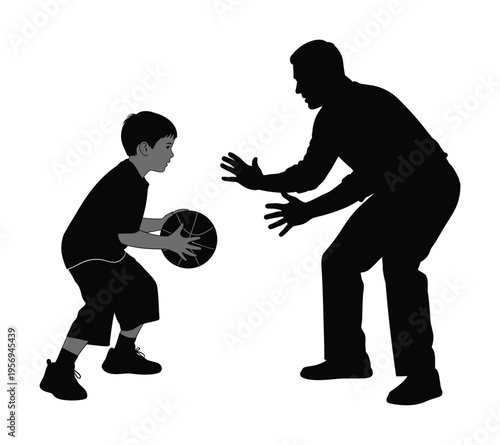 Vector of a boy holding a basketball while an adult defends in a dynamic pose