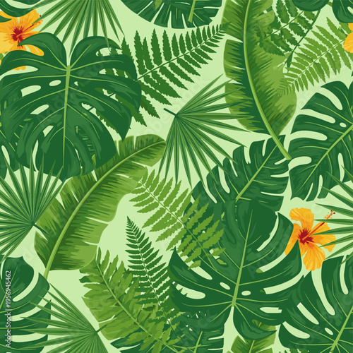 Vibrant seamless pattern featuring a variety of lush green tropical leaves and orange hibiscus flowers on a light green background, evoking a jungle or Hawaiian theme.