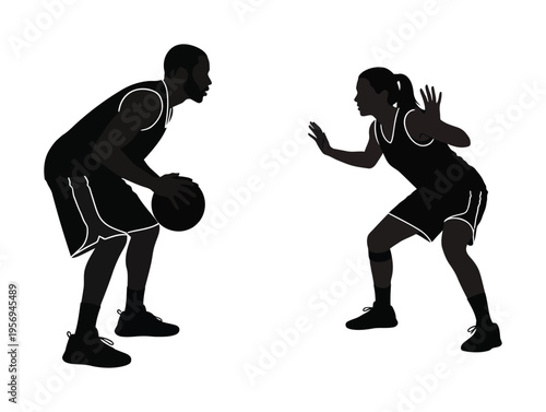 Vector of a man dribbling a basketball while a woman defends in a dynamic design