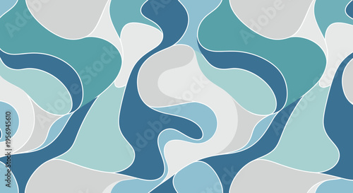 Abstract seamless pattern with flowing organic shapes in various shades of blue and grey, creating a modern and fluid design.