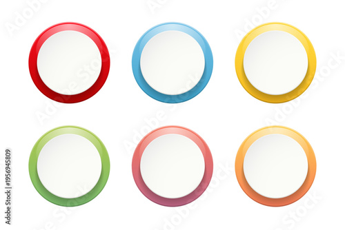 Set of colorful circular buttons with gradient effect in red, blue, yellow, green, pink and orange