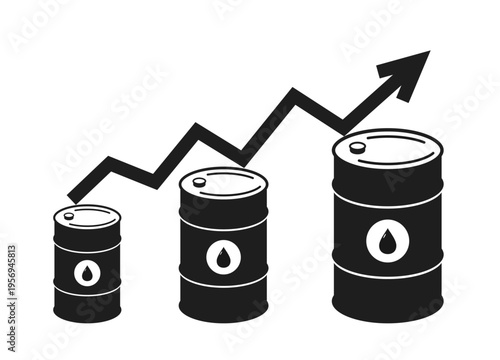Oil barrels with upward arrow chart symbolizing increase in oil price or energy market growth