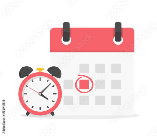Red calendar with circled date and alarm clock for time management, scheduling and deadline reminder
