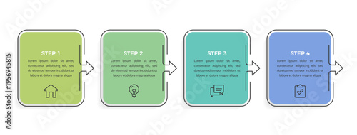 Horizontal flat infographic template with four steps, arrows and icons for process, workflow and business presentation