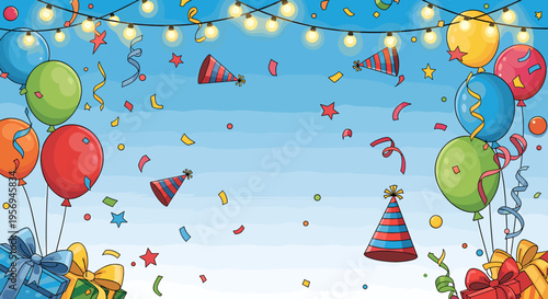 Vibrant birthday party background with colorful balloons, confetti, party hats, and gift boxes under string lights on a blue sky.
