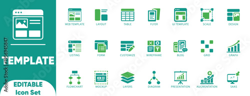 Website template and UI layout icon set. flowchart, responsive, prototype, development, layout, set, collection, and solid icons.