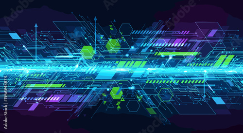Abstract digital technology background with glowing data streams and geometric patterns.