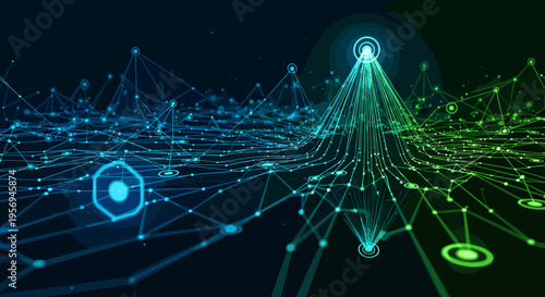 Abstract digital network visualization with glowing blue and green interconnected nodes and data lines representing complex information flow and technological infrastructure.