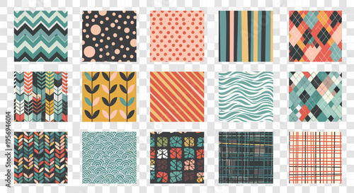 A collection of 15 seamless, repeating, flat design patterns with various geometric and abstract motifs.