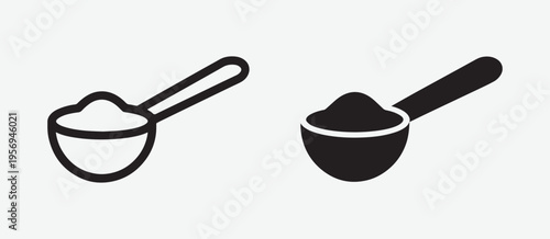 Two simple black and white line art icons of measuring spoons filled with ingredients