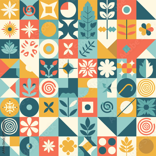 Foto A vibrant and colorful geometric mosaic pattern featuring a variety of abstract shapes and floral motifs in a retro style