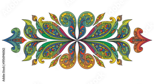 Symmetrical paisley pattern with vibrant colors and intricate details, evoking a sense of traditional artistry and decorative design.