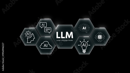 Large Language Model LLM Animation with AI Technology, Liquid Glass Interface, Futuristic Artificial Intelligence Concept Black Background 