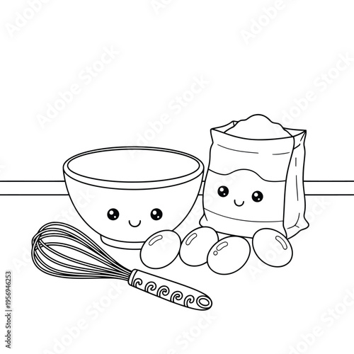 Cute cartoon baking illustration with smiling bowl eggs whisk and flour