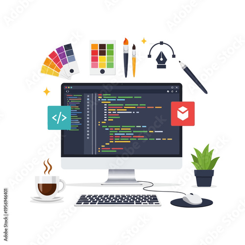 Web Development and Design Workspace: Computer, Code, Color Palette, Brushes, Coffee