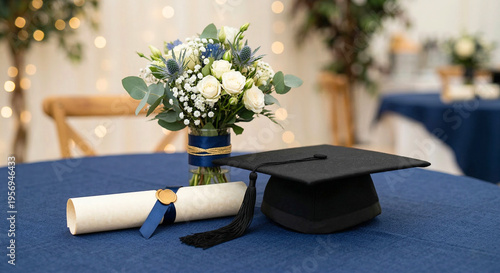 A graduation cap, rolled diploma, and beautiful floral arrangement decorate a festive blue table.