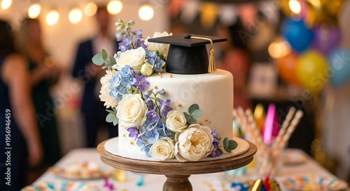 An elegant white tiered graduation cake adorned with delicate blue and white flowers and a cap.