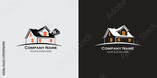 modern real estate logo with house and dog silhouette on contrasting backgrounds
