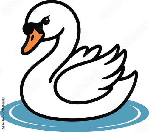 Cute swan cartoon character vector illustration. Friendly white swan swimming on water ripples, isolated on white background for kids' pond life theme and nursery art.