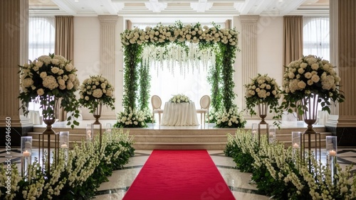 A luxurious wedding ceremony setup with a red carpet and white flowers