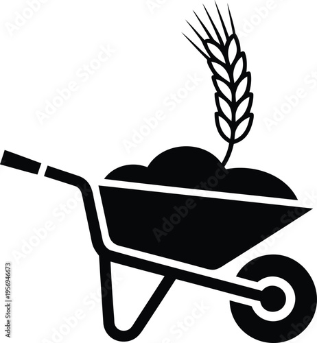 Black silhouette of a wheelbarrow with wheat on white background  farming tool icon