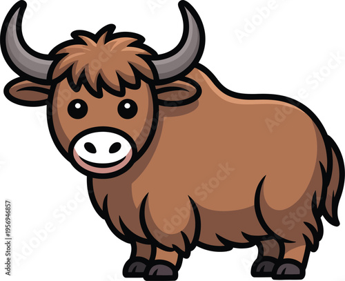 Cute yak cartoon character vector illustration. Friendly brown ox or bull with horns isolated on white background for kids' mountain animal theme and nursery decor.