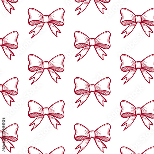 Hand drawn bows in simple line art seamless vector pattern. Whimsical delicate ribbon print in girly flirty style. Cute endless background for fabric and wallpaper. Bachelorette party design.