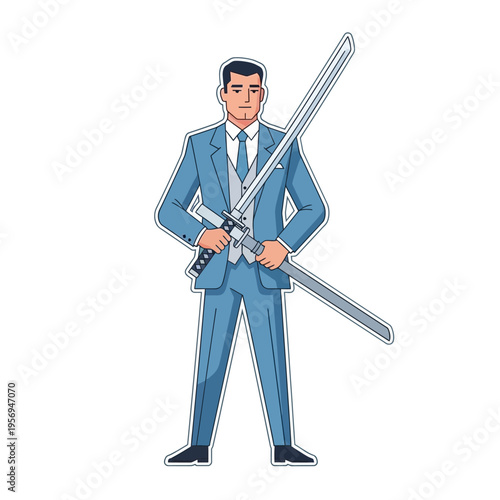 Businessman holding a katana sword, representing power, strategy, and business success.