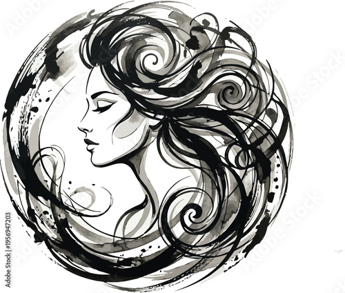 A beautiful woman with long hair in a circular artistic design