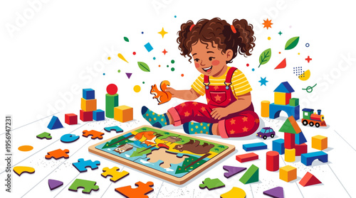 Toddler playing with colorful puzzle blocks.