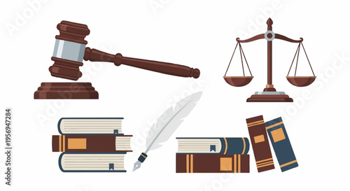 Set of 6 law icons vector, legal symbols