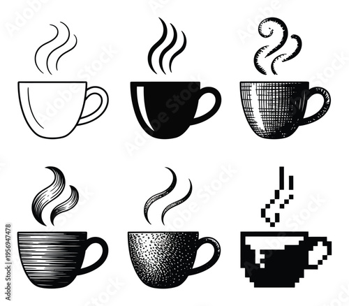 Collection of Six Stylized Coffee Cups with Steam