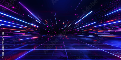 Futuristic Neon Speed Tunnel with Glowing Light Trails and Digital Grid Perspective – High Tech Data Stream Abstract Background. Vector Illustration.