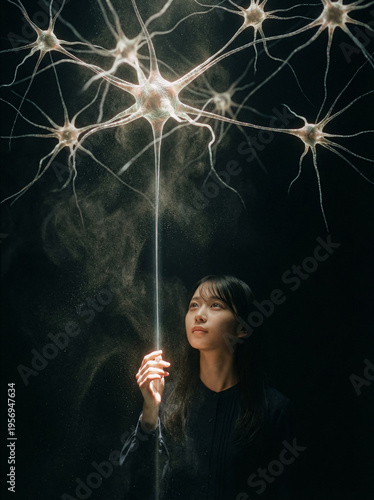 Young woman connects with bioluminescent neurons in a cinematic and mysterious atmosphere