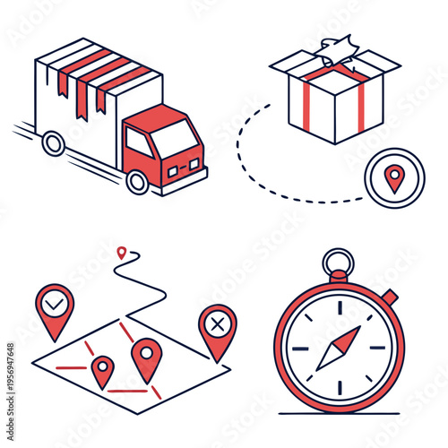 Delivery and logistics including truck map and clock package