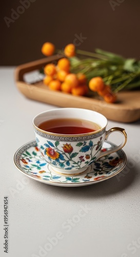 Elegant Tea Cup and Saucer with Floral Design.