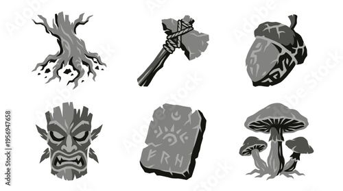 Viewing a fantasy illustration set of a tree stump, axe, feathered helmet, tribal face and mushroom cluster arranged on a white studio background