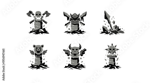 Dynamic lineup of six cartoon skeleton warriors with axes, wings, shields and crowns displayed on dark ground in flat illustration view