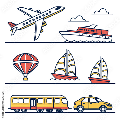 Colorful transportation modes travel airplane ship hot air balloon
